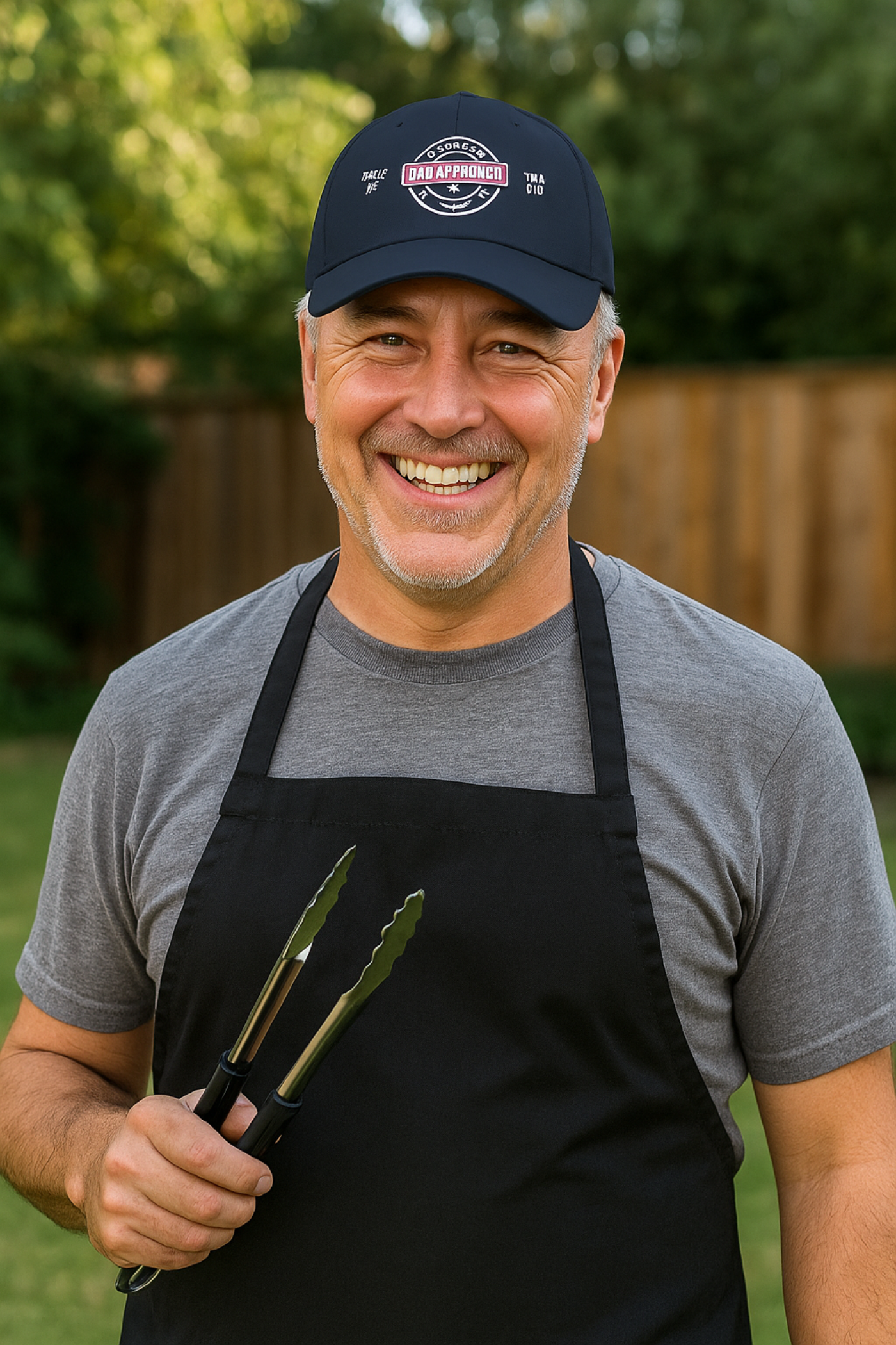 Man wearing a black apron and a Dad Approved Co Dad hat, holding tongs, outdoors.