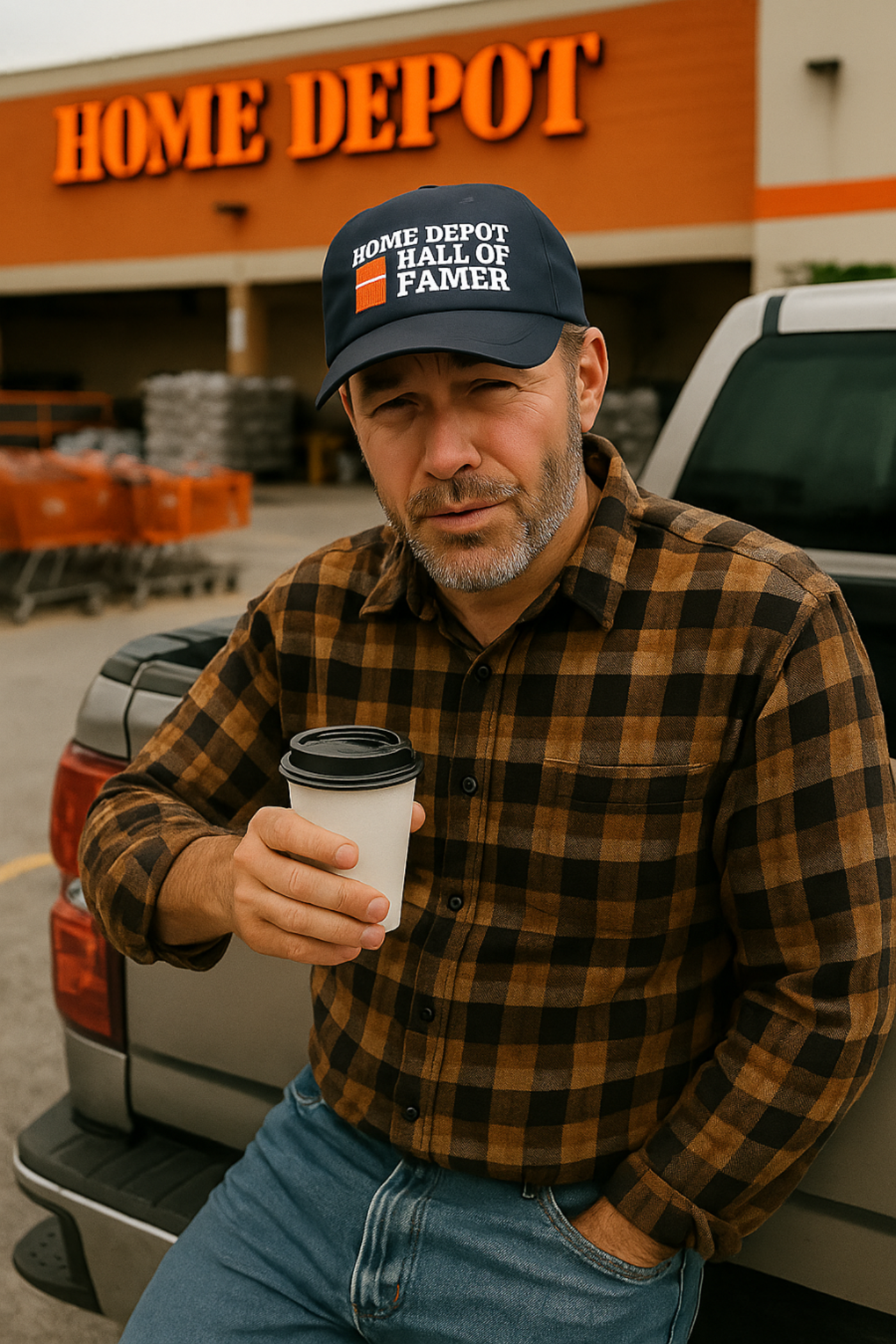 Man holding a coffee cup in front of a Home Depot store wearing a Dad Approved Co Dad hat